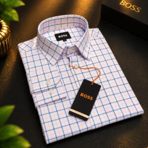 Premium Full Sleeve Formal Shirt for Men(White Blue Pink Windowpane Check)