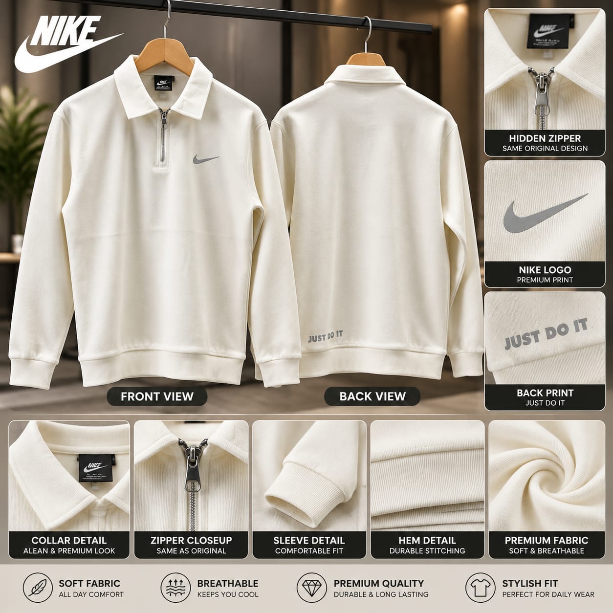 Classic Half-Zip Sweatshirt-Off White